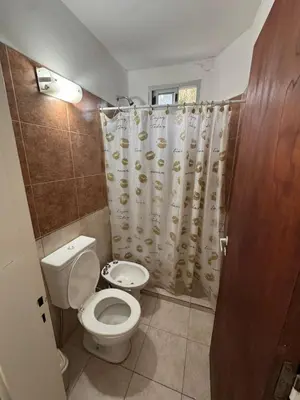 a bathroom with a toilet and a shower curtain at Sol y Río in Villa Carlos Paz