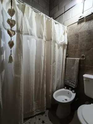 a bathroom with a shower curtain and a toilet at El Algarrobo Casa de campo en Cabalango in Cavalango
