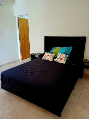 a bedroom with a black bed with two pillows at Colibrí Del Lago in Villa Parque Siquiman