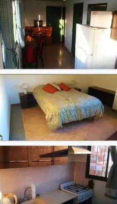 two pictures of a bedroom with a bed and a kitchen at Departamento Cerca de Todo in Villa de Las Rosas