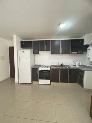 a kitchen with black cabinets and a white refrigerator at Beautiful y sofisticado apartment in Cordoba