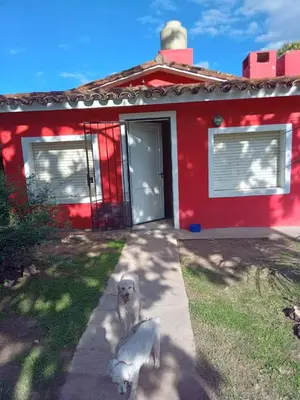 a white dog sitting in front of a red house at La casita in Villa Santa Cruz del Lago