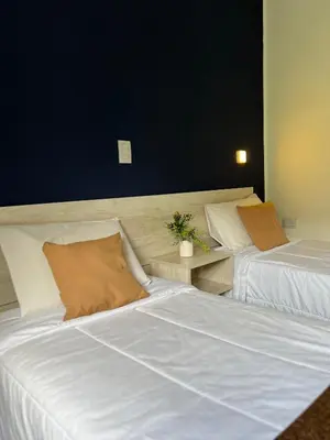 a bedroom with two beds and a table with plants on it at Astoria Hotel in Villa Carlos Paz