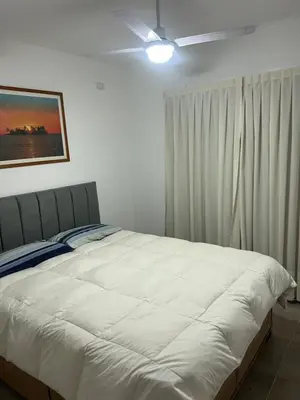 a bedroom with a white bed and a ceiling fan at Biale Masse Casa de Montaña in Bialet Massé