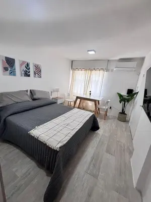 a bedroom with a bed and a table in it at Monoambiente centro Carlos Paz in Villa Carlos Paz