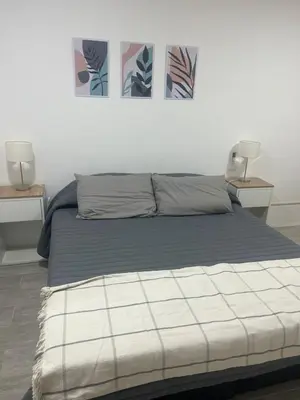 a bedroom with a bed with two tables and two lamps at Monoambiente centro Carlos Paz in Villa Carlos Paz