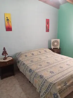 a bedroom with a bed and two tables and a fan at La casita Tanti in Tanti Nuevo