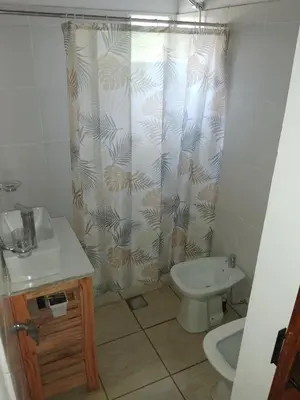 a bathroom with a sink and a toilet and a shower curtain at Depto Calamuchita Rumipal in Villa Rumipal