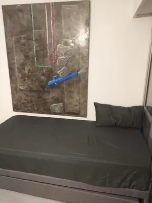 a bed in a room with a painting on the wall at Moderno departamento en pleno centro de Río Cuarto in Río Cuarto