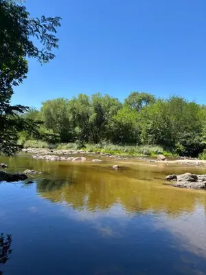 a river with reflections of trees in the water at Cabaña Aurora in Santa Rosa de Calamuchita