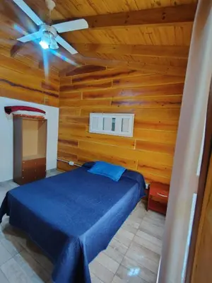 a bedroom with a blue bed and a ceiling fan at Cabaña Aurora in Santa Rosa de Calamuchita
