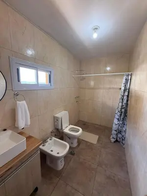a bathroom with a white toilet and a sink at Cabañas La Caprichosa in Villa Santa Cruz del Lago