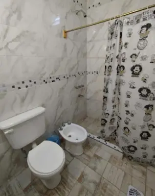 a bathroom with a toilet and a shower curtain at Capfer in Alta Gracia