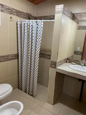 a bathroom with a shower and a toilet and a sink at Cabañas LOS NAZARENOS - Villa Quillinzo - CALAMUCHITA in Villa Quillinzo