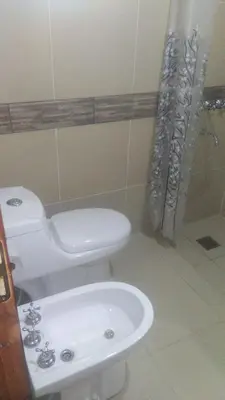 a bathroom with a white toilet and a shower at Cabañas LOS NAZARENOS - Villa Quillinzo - CALAMUCHITA in Villa Quillinzo