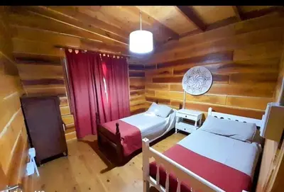 a room with two beds in a log cabin at Cabaña Don Mario in Villa Yacanto