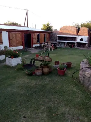 a yard with potted plants and a house at Cabañas TUPAC LIHUE in Arroyo de Los Patos