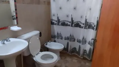 a bathroom with a sink and a toilet and a shower curtain at Lucrecia in Villa Parque Siquiman