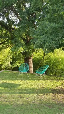 two green chairs sitting in the grass under a tree at Casa en Nono a 200 metros del lago in Las Rabonas