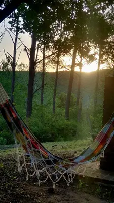 a hammock in a field with trees in the background at Casa en Nono a 200 metros del lago in Las Rabonas