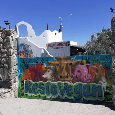 a wall with a painting of a cow on it at Hostería Vegetariana in Country Club Chumamaya