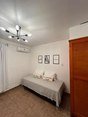 a bedroom with a bed and a ceiling fan at Duplex Único Frente al Río in Villa Carlos Paz