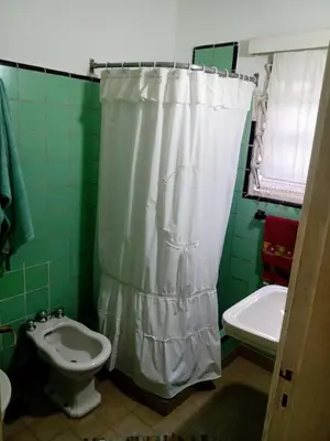 a bathroom with a shower curtain and a toilet at Victoria in Villa Icho Cruz