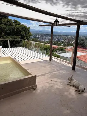 a cat laying on the ground on a patio at Departamento con increible vista in Villa Carlos Paz