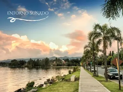 a view of a river with palm trees and a sidewalk at ANELE, duplex equipado in Villa Carlos Paz