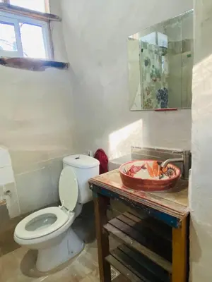 a bathroom with a white toilet and a sink at Icho's mud house in Villa Icho Cruz