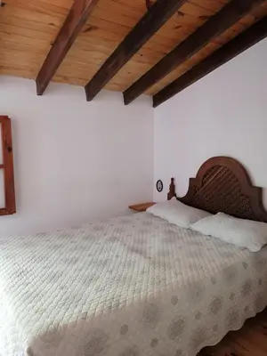 a bedroom with a large bed with wooden ceilings at Casita Santa Elena 1 in Trapiche