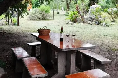 a picnic table with a bottle of wine and two glasses at Paraiso Cabañas in La Ramada