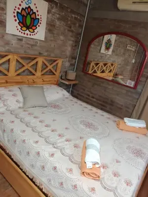a bedroom with a large bed with a mirror at Cabañas El Nirvana Villa Quillinzo in Villa Quillinzo