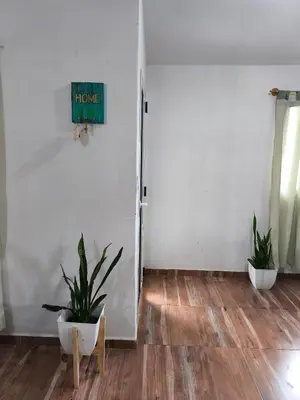a room with two potted plants and a sign on the wall at Casa El Buen Descanso Cura Brochero in Villa Cura Brochero