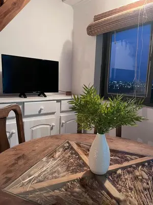 a wooden table with a vase on a table with a television at Depto mini penthouse in Cordoba