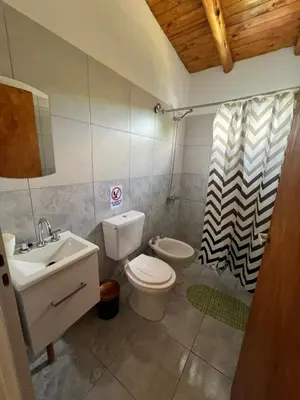 a bathroom with a toilet sink and a shower curtain at Monoambientes Pitu! in Villa Cura Brochero