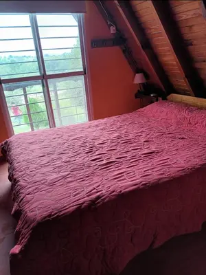 a bed in a room with a large window at Cabaña Buena Vista Los Reartes in Los Reartes