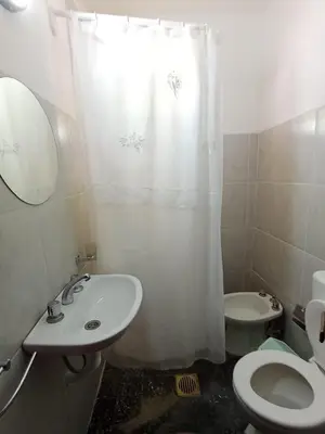 a bathroom with a sink and a toilet and a shower curtain at chalet los condores in Villa Carlos Paz