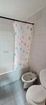a bathroom with a toilet and a shower curtain at Complejo Aguaducho in Cordoba