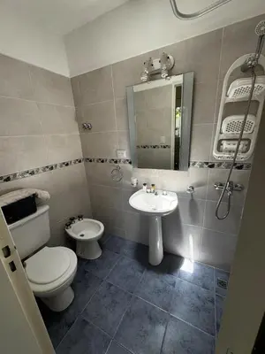 a bathroom with a toilet and a sink and a mirror at Apartment 2 blocks from downtown Located at the back of the house in Villa Carlos Paz