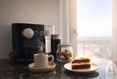 a table with a cup of coffee and a piece of cake at The Thirty Floor Sky Suite in Cordoba