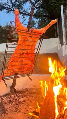 an orange net over a fire in front at Casa- Villa Parque Siquiman in Villa Parque Siquiman