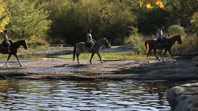 three people riding horses by the water at Monoambiente a metros del río in Tanti