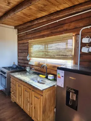 a kitchen with a sink and a refrigerator at Aruma Cabañas in Tanti