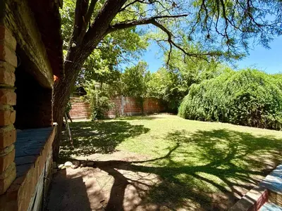 a shady yard with a tree and a brick wall at Casa Los Prados Mina Clavero in Mina Clavero