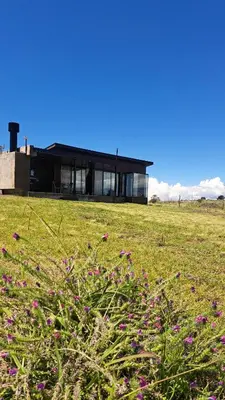 a house in a field with flowers in the foreground at Cabañas Chirivita Atos Pampa in Atos Pampa