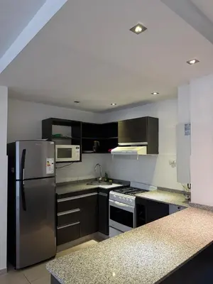 a kitchen with stainless steel appliances and black cabinets at Dpto a estrenar Villa Carlos Paz frente a la costanera in Villa Carlos Paz