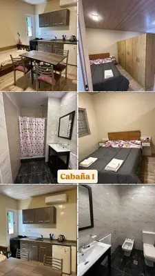 a series of four pictures of a room with a bed and a table at El Atardecer in Trapiche