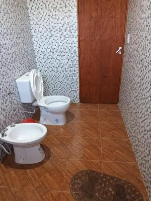 a bathroom with a toilet and a wooden door at Cabañas Gael in Barrio Parque El Corcovado