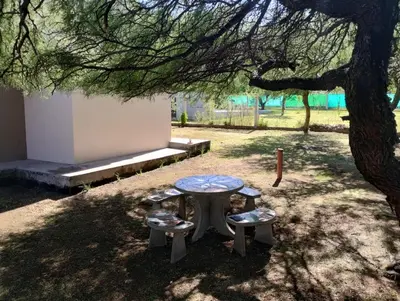a picnic table and two benches under a tree at Berna in Carpintería